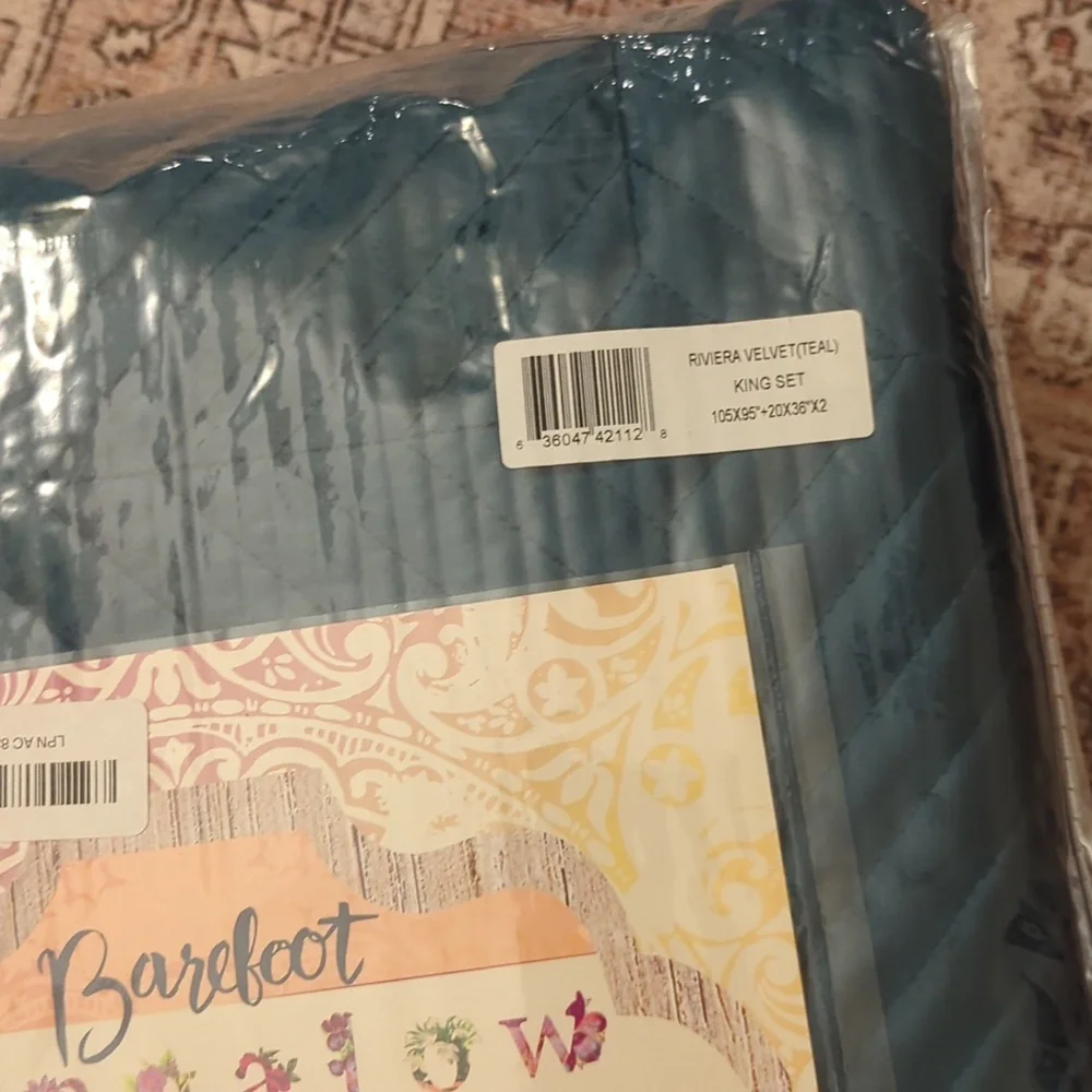 Barefoot Bungalow Riviera Velvet Modern Teal Quilt Set King New